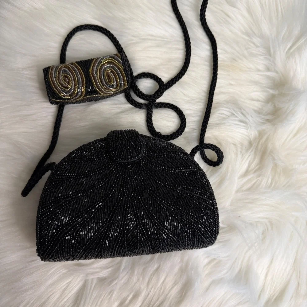 Vintage - Black Beaded Small Purse with Lipstick Holder